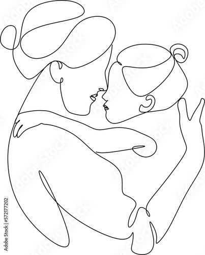 Abstract mother with a child in continuous one line drawing art style. Mother`s Day card. Woman hugging her baby. Happy motherhood concept. Modern vector illustration