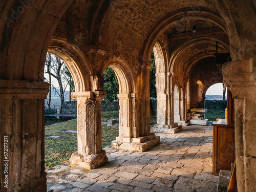 Ancient carved arches in Khobi Convent - Georgian Orthodox monastery in western Georgia, built at 13th century.
