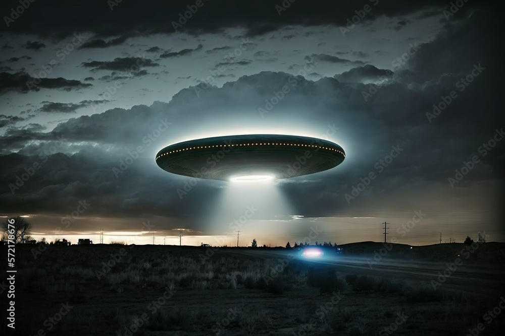 Mysterious UFO in the sky. Light beam from unknown flying object. AI Mysterious UFO in the sky. Light beam from unknown flying object. AI