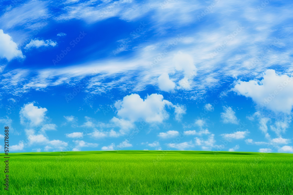 Beautiful green meadow with blue sky, clean environment background. Generative ai