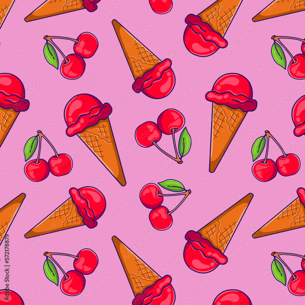 seamless pattern with cherry and ice cream, background with doodle ...