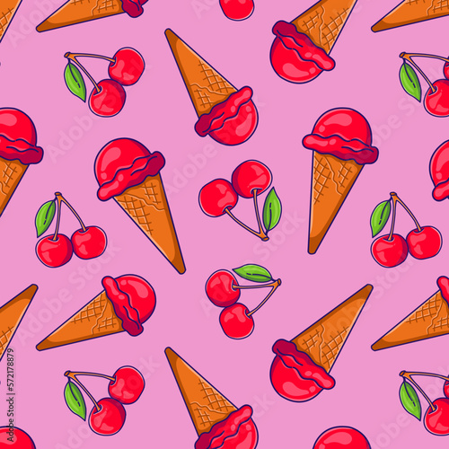 seamless pattern with cherry and ice cream, background with doodle cherry ice cream. Vector illustration with berry ice cream