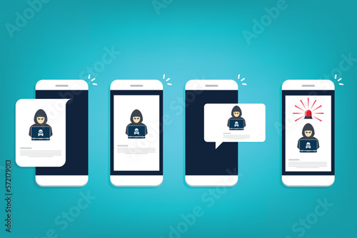 Hacker, malware notification on mobile phone. Smartphone with hacker alert, spam data on cellphone fraud error message, scam, virus.	