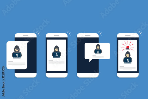 Hacker, malware notification on mobile phone. Smartphone with hacker alert, spam data on cellphone fraud error message, scam, virus.	