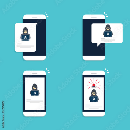 Hacker, malware notification on mobile phone. Smartphone with hacker alert, spam data on cellphone fraud error message, scam, virus.	
