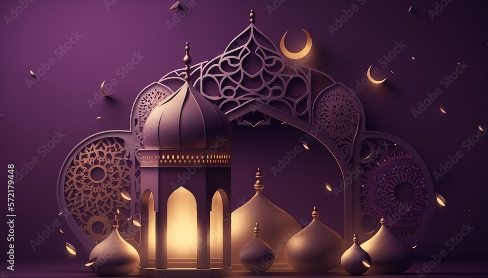 Golden mosque with a crescent moon in a purple shade.Islamic style ...
