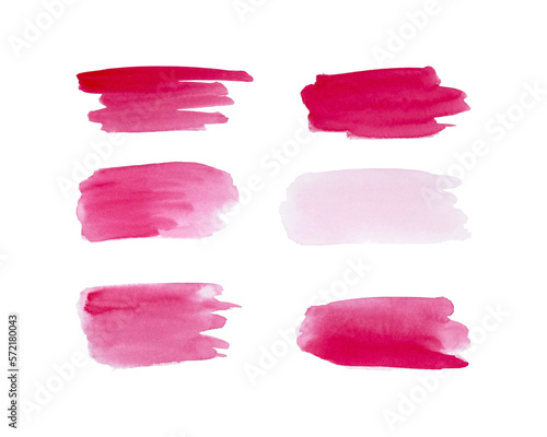 Set of pink watercolor brush strokes for design. Pink lipstick, cosmetics, beauty.