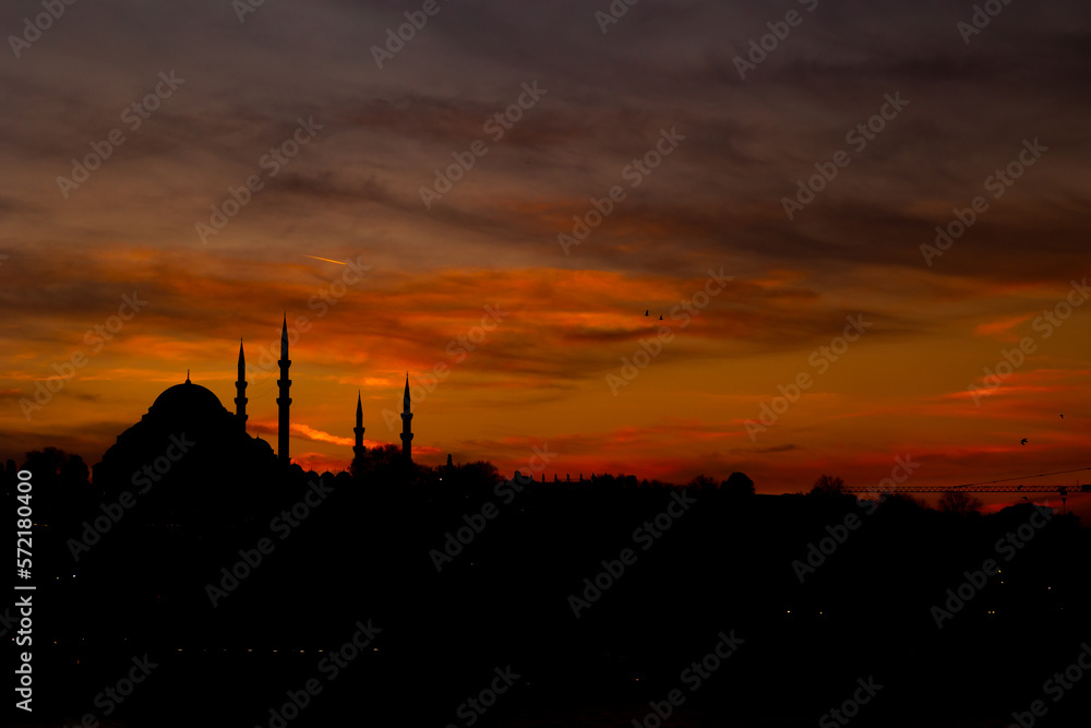 Mosque silhouette. Islamic background photo. Silhouette of Suleymaniye Mosque