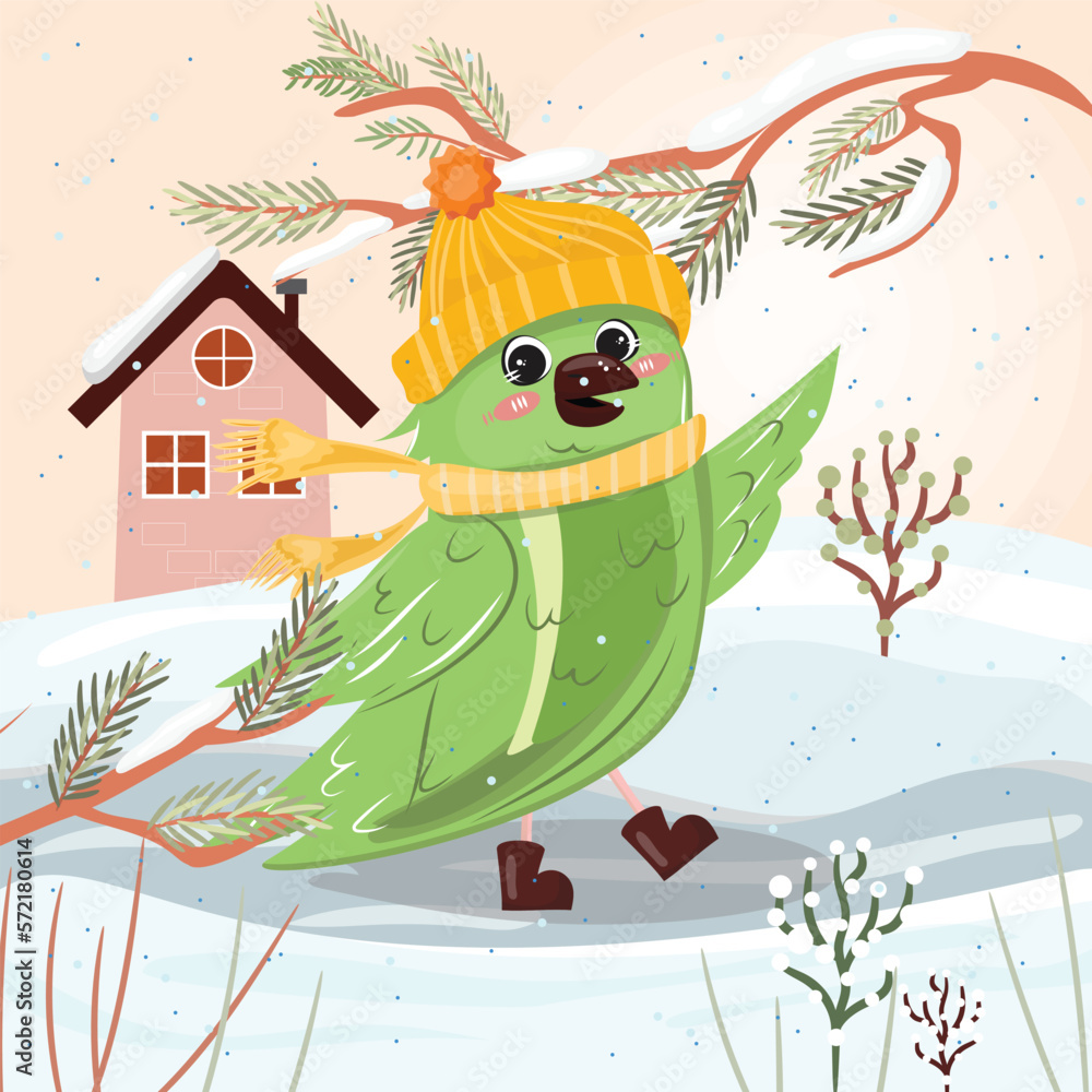Green bird walking in the winter on the snowy day. Vector cartoon illustration.