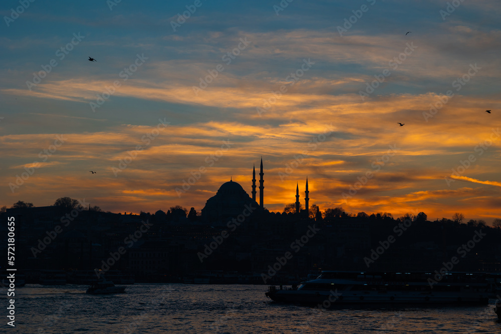 Istanbul silhouette background. Silhouette of Suleymaniye Mosque at sunset.