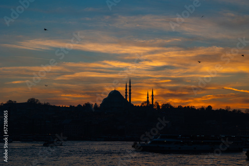 Istanbul silhouette background. Silhouette of Suleymaniye Mosque at sunset.