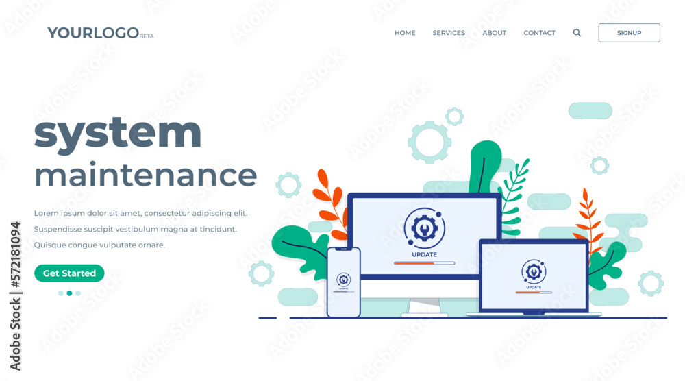 Desktop computer, laptop, smartphone with update screen, System maintenance, update process, install software, operating system, flat vector illustration landing page Desktop computer, laptop, smartphone with update screen, System maintenance, update process, install software, operating system, flat vector illustration landing page