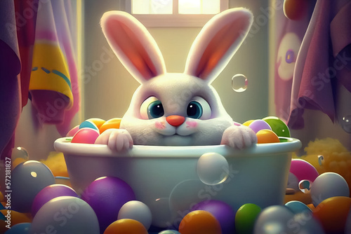 illustration of cute easter rabbit getting bath with eggs . ai photo