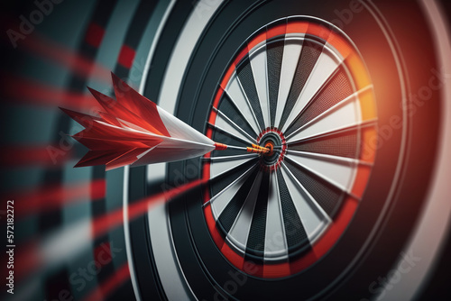 Dart board and arrow in middle. Business and success concept. Achievement and target theme. Orange sun light effect. High contrast tone Generative AI