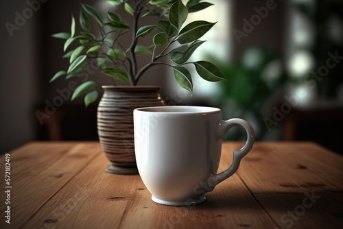 Closeup white cup of coffee with small trees and green leaf on wooden table.Generative AI