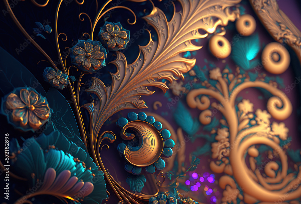 Elegant, luxurious ornament of gold, purple and green flowers and leaves. Abstract floral pattern, jewelry background. 3D rendering. AI generated Elegant, luxurious ornament of gold, purple and green flowers and leaves. Abstract floral pattern, jewelry background. 3D rendering. AI generated