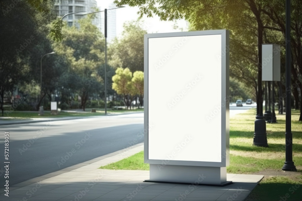 Empty poster mockup of billboard at city street, with park, nature and road in the background. AI-generated.