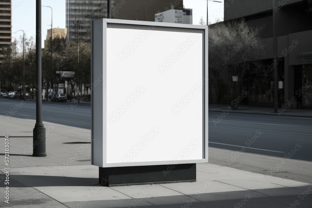 Billboard mockup on the cityscape background. AI-Generated vertical white ad with urban buildings and streets. Billboard mockup on the cityscape background. AI-Generated vertical white ad with urban buildings and streets.