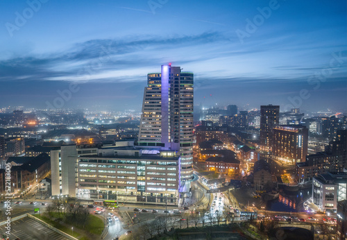 Fototapeta Naklejka Na Ścianę i Meble -  Leeds, West Yorkshire, England, February 2023. Leeds City Centre aerial view looking towards Bridgewater Place, retail, offices and apartments. modern city living in Northern england