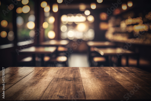 Empty wooden table top with lights bokeh on blur cafe restaurant background.Generative AI