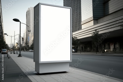 AI-Generated vertical white ad with urban buildings and street. Billboard mockup on the cityscape background. 