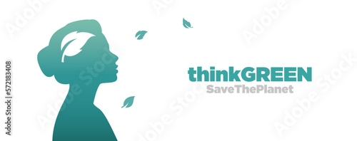 Think green, save the plant. Ecology vector design. A silhouette of a young female with a leaf in its head. The design symbolizes ecology conscience.