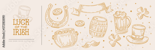 St.Patrick's Day. Set of traditional elements of beer festival and inscription Irish luck in the style of engraving. Green Leprechaun hat, pot, horseshoe, barrel, clover shamrock, a pint of beer.