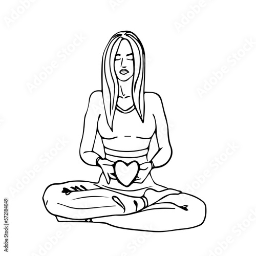 A woman in the lotus position meditates. Illustration of the asana. Illustration of a woman doing yoga with long hair in a tracksuit