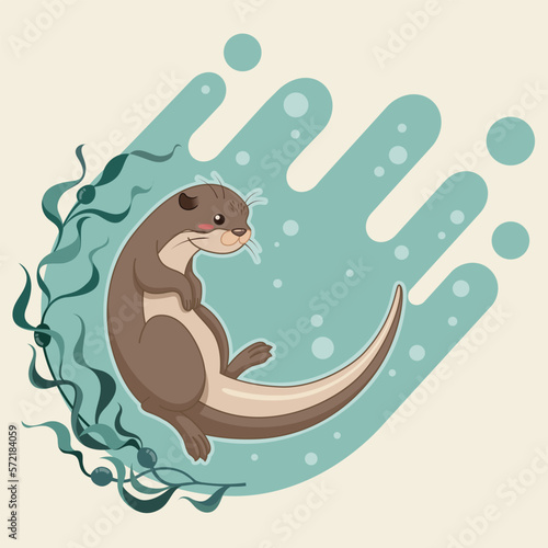 sea otter floating on water with kelp forest vector illustration