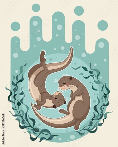 sea otter floating on water with kelp forest vector illustration