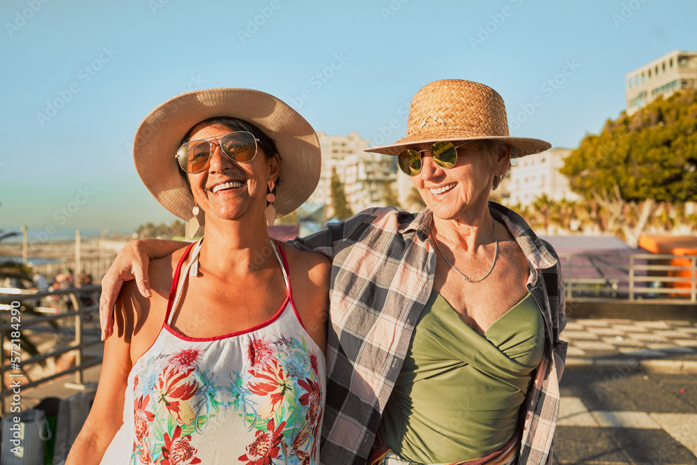 Summer, senior friends and women at beach day on weekend, retirement holiday and vacation. Travel, friendship and smile, happy and excited elderly females on adventure, freedom and relax in Miami