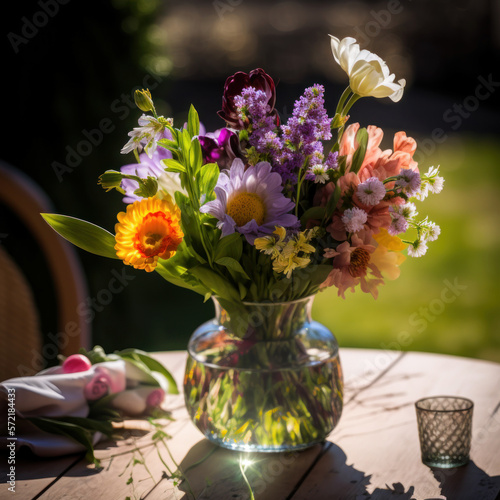 Wallpaper Mural vase with spring flowers on a garden table, Generative AI Torontodigital.ca
