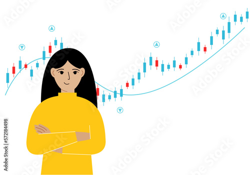 A woman on the background of a Forex chart. Conceptual illustration on the topic of strategic planning in trading on the stock exchange.