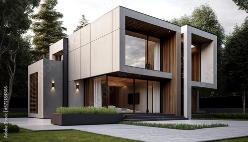 Modern Stucco and Wood Clad House. Generative ai © Creative Station