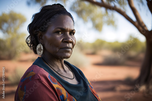 Portrait of a woman in the outback. Generative AI.