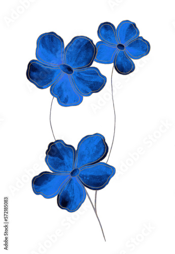 Isolated dark blue floral design elements. Blue flowers with gold contour on white background. Watercolor painting Vintage design flowers.