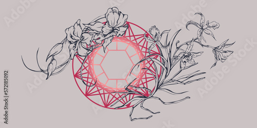 Hand drawn vector ink orchid flowers and branches, monochrome, detailed outline. Composition with crystal form. Viva magenta color. Design for wall art, wedding, print, tattoo, cover, card.