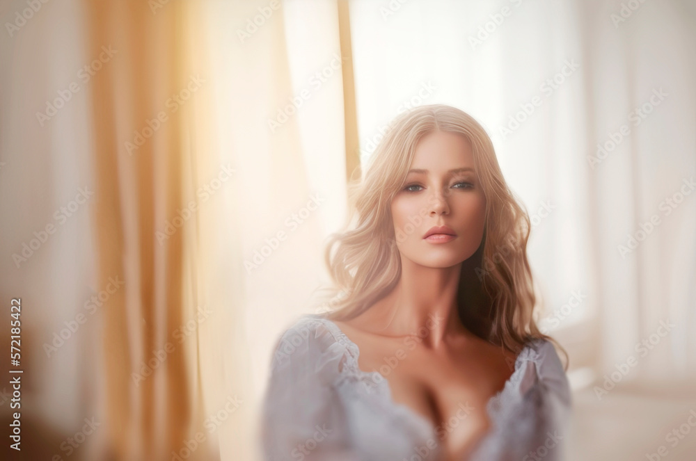 Beautiful young woman with long blonde hair sitting in a bedroom in the light from the window wearing a white low cut dress Beautiful young woman with long blonde hair sitting in a bedroom in the light from the window wearing a white low cut dress