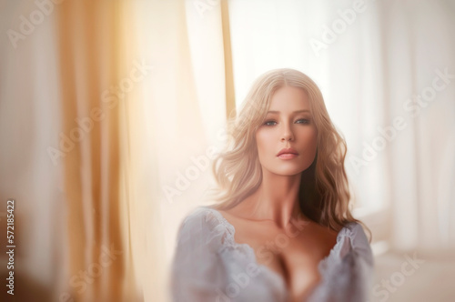 Beautiful young woman with long blonde hair sitting in a bedroom in the light from the window wearing a white low cut dress © Polarpx