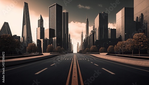 Empty asphalt road of a modern city with skyscrapers. Generative ai