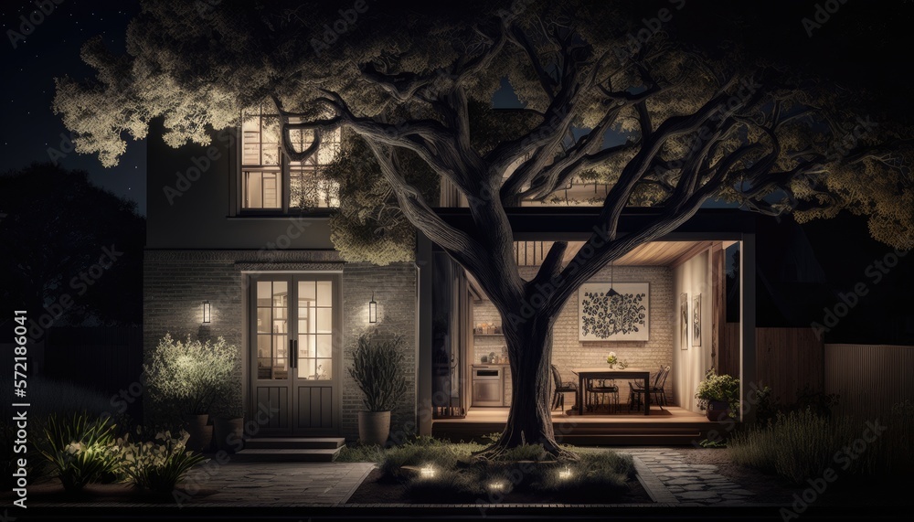 Illuminated home showcase exterior at night with tree and patio. Generative ai
