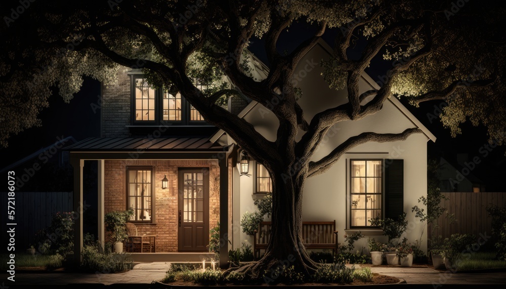 Illuminated home showcase exterior at night with tree and patio. Generative ai Illuminated home showcase exterior at night with tree and patio. Generative ai