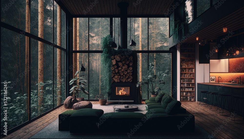 Living room in the forest. Generative ai Living room in the forest. Generative ai