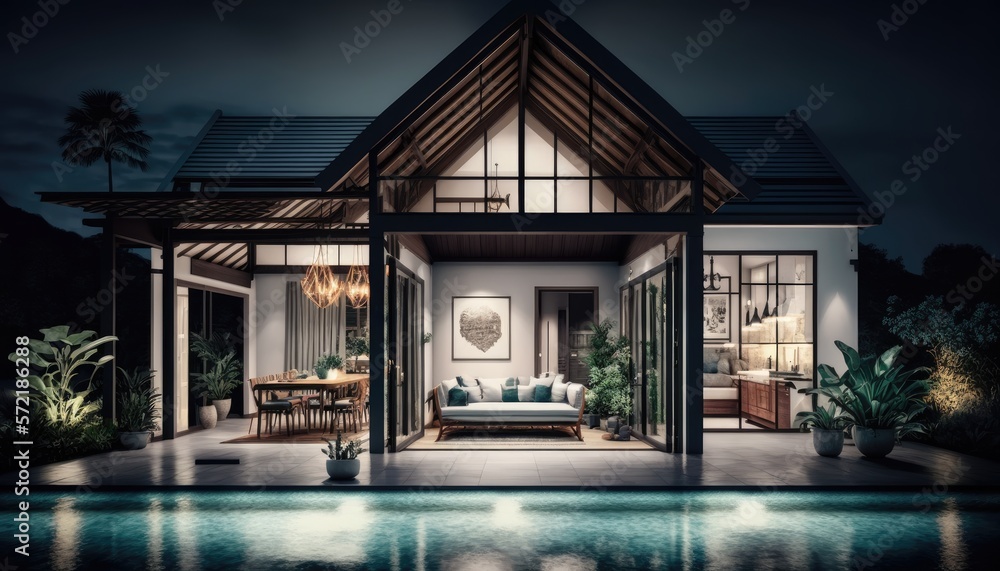 Luxury Interior and an exterior design pool villa with a living room at night. Generative ai Luxury Interior and an exterior design pool villa with a living room at night. Generative ai