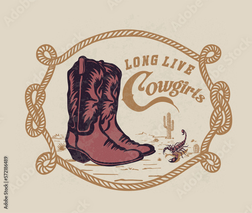 cowgirl boots in western desert vector illustration, cowgirl vintage design with typography, scorpion in cactus desert artwork, cowgirl retro vintage design with typography  photo