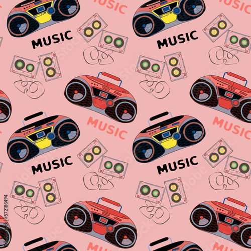 Pattern with tape recorders. Cassette recorder. Vector illustration. For printing on fabric and paper.