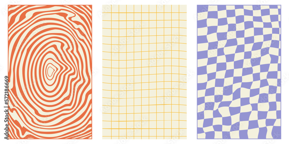 Groovy hippie 70s vector backgrounds set. Chessboard and twisted patterns. Backgrounds in trendy retro trippy style.Twisted and distorted vector texture in trendy retro psychedelic style