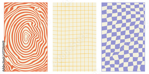 Groovy hippie 70s vector backgrounds set. Chessboard and twisted patterns. Backgrounds in trendy retro trippy style.Twisted and distorted vector texture in trendy retro psychedelic style
