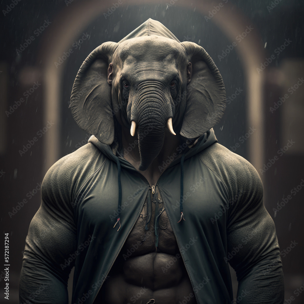 muscular elephant wearing a sportsuit at the gym, generative ai