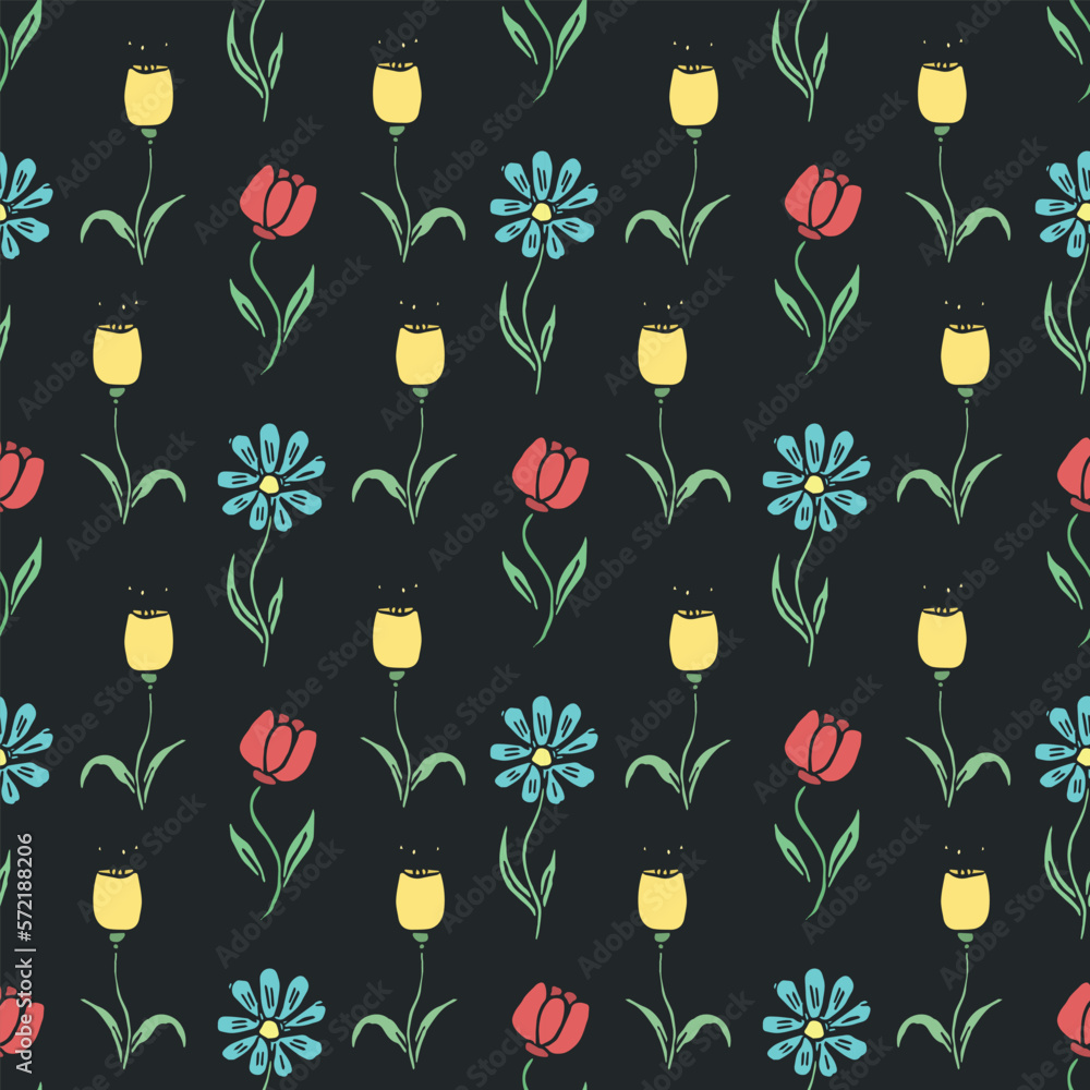 Fototapeta premium Seamless pattern with flowers. Doodle floral background. Spring pattern